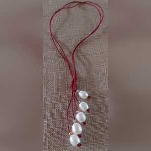 New Handmade 2-Way White & Gold Pearl & Red Leather Necklace
